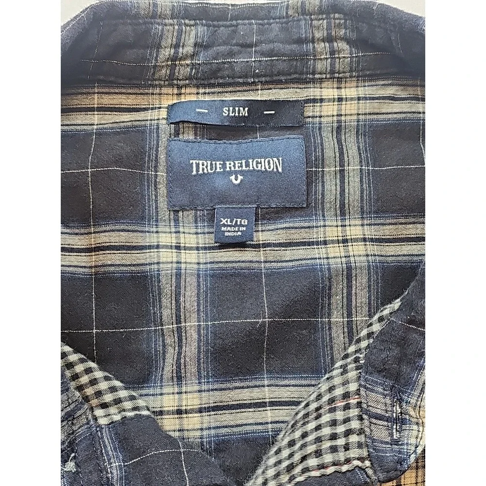 True Religion Mens Western Shirt  Slim Fit Size XL Plaid Dark Blue
